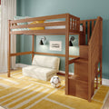 Wooden loft bunk bed with staircase storage in kids' room, teal wall, yellow striped rug, patterned pillows and soccer ball