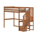 Solid wood loft bed with staircase and safety guardrails in warm oak finish, a space-saving twin loft bed for kids with open area underneath