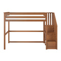 Solid wood loft bed with built-in staircase and safety rails, twin mattress platform in natural oak finish - space-saving kids bedroom furniture