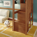 Kids bedroom with wooden loft bed stairs, teal accent wall and "Always Wonder" print, beige sofa, soccer ball on yellow rug and storage basket