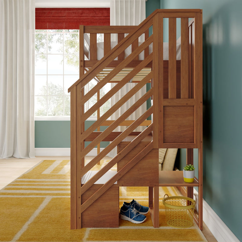 Wooden loft bed with staircase and built-in storage in bright kids bedroom with teal wall, yellow rug, window and blue sneakers