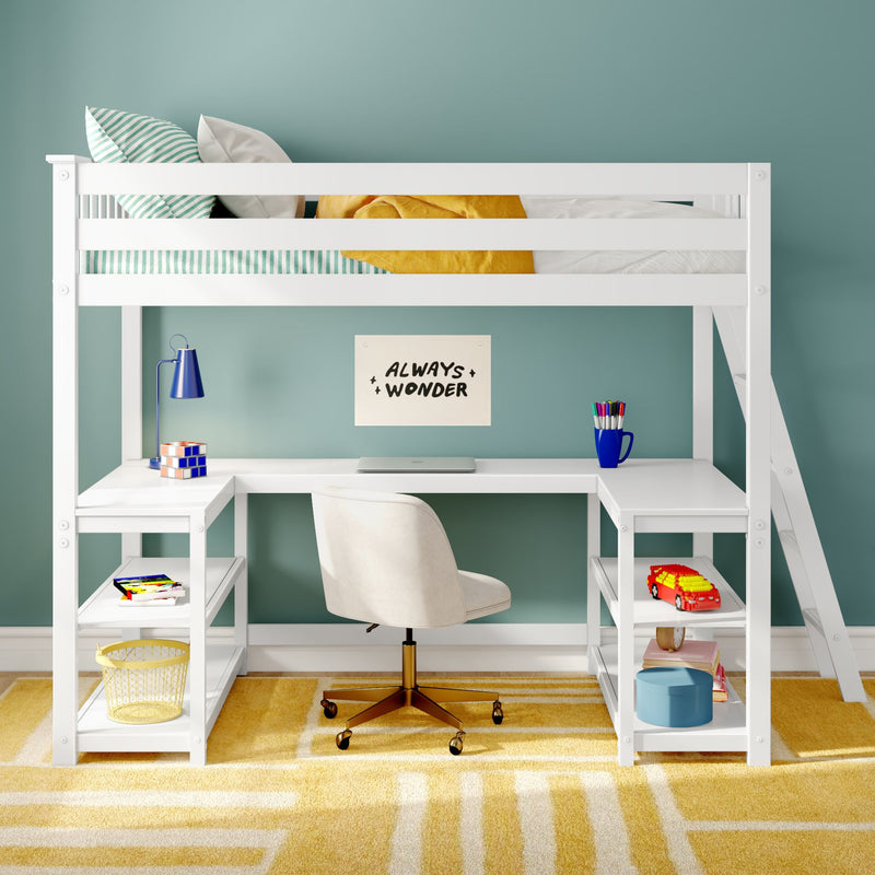 White children's loft bed with built-in L-shaped desk and shelves, swivel chair, laptop, blue desk lamp, striped pillows and yellow blanket against a teal wall, kids' study area