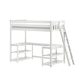 White wooden loft bed with ladder and integrated desk and open shelves — space-saving kids loft bed for small bedrooms and study areas