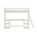 White loft bed with built-in desk and open shelves, right-side ladder, space-saving kids bedroom furniture