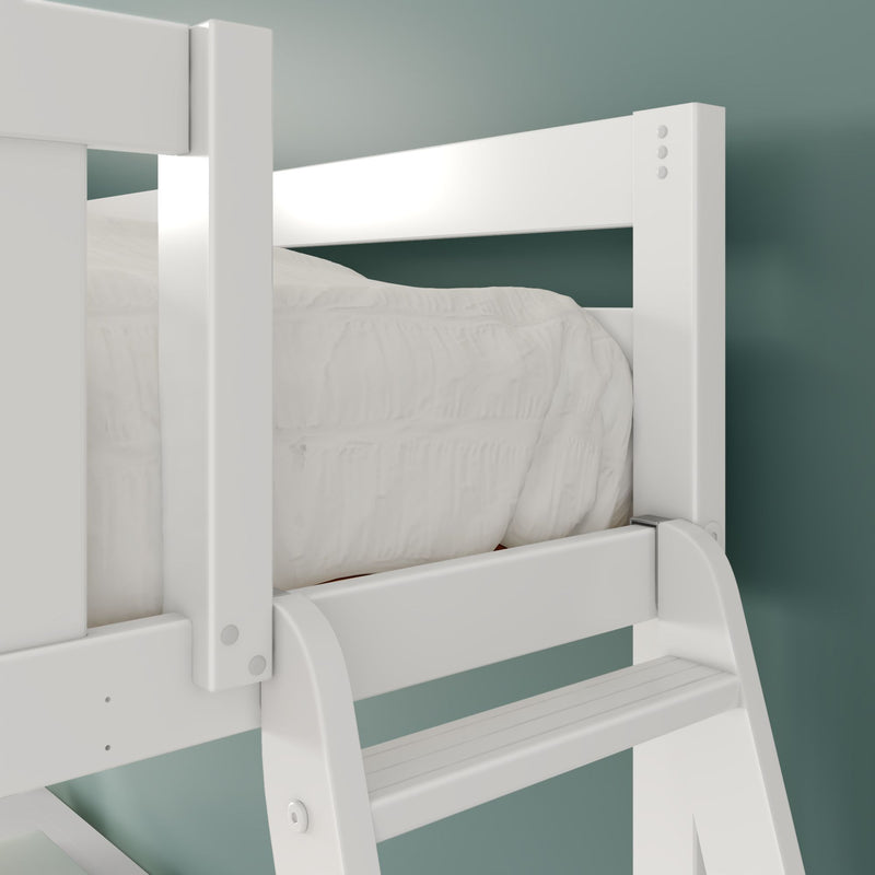 White wooden bunk bed ladder and safety guardrail close-up with white bedding against teal wall, modern kids' bedroom furniture