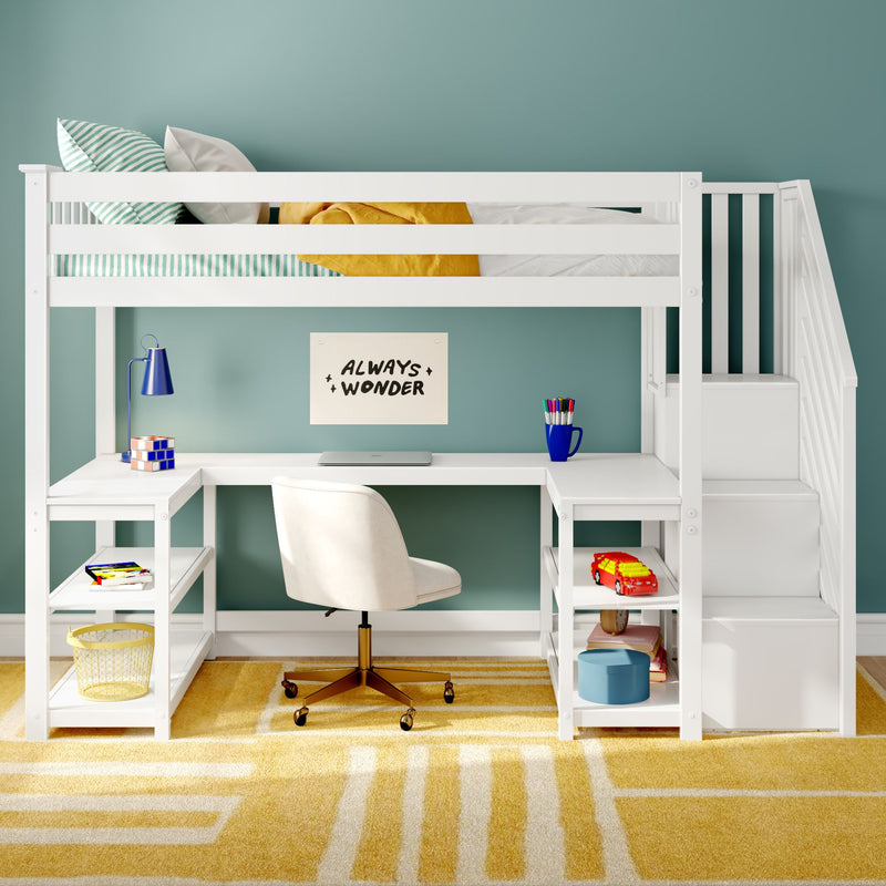 White wooden loft bed with built-in study desk in teal kids' bedroom, striped pillows and yellow blanket, laptop, lamp, toys and storage stairs