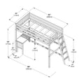 Loft bed frame with ladder, integrated desk and guardrail — technical line-drawing showing dimensions in inches and centimeters (98" x 43" / 250cm x 110cm footprint)