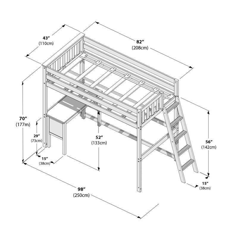 Loft bed frame with ladder, integrated desk and guardrail — technical line-drawing showing dimensions in inches and centimeters (98" x 43" / 250cm x 110cm footprint)