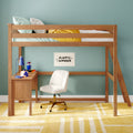 Wooden loft bed with built-in desk and white swivel chair against a teal accent wall, striped bedding and yellow throw, study lamp and colorful desk accessories