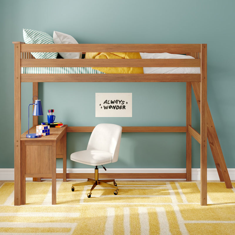 Wooden loft bed with built-in desk and white swivel chair against a teal accent wall, striped bedding and yellow throw, study lamp and colorful desk accessories