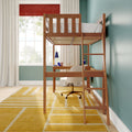 Wooden loft bed with built-in desk and ladder in kids' room, twin mattress, teal wall, large window, yellow geometric rug.