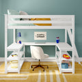 White loft bed with built-in L-shaped desk and study area, teal accent wall, striped pillow and mustard throw, blue desk lamp and swivel chair, kids bedroom workspace