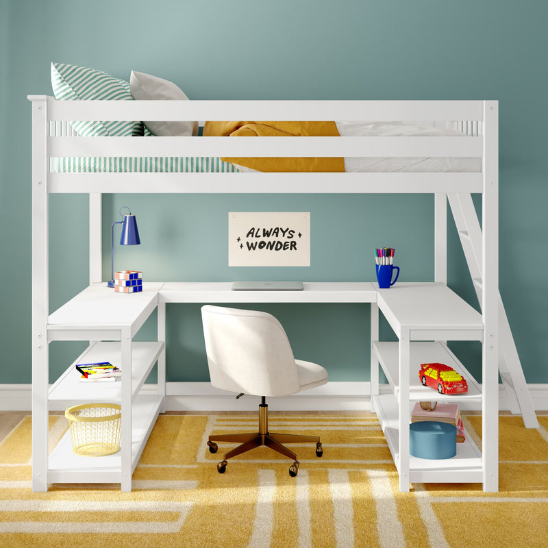 White loft bed with built-in L-shaped desk and study area, teal accent wall, striped pillow and mustard throw, blue desk lamp and swivel chair, kids bedroom workspace