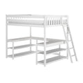 White wooden loft bed with ladder and built-in shelves, space-saving bunk-style kids' bed for small bedrooms