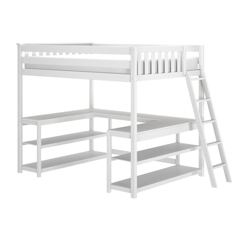 White wooden loft bed with ladder and built-in shelves, space-saving bunk-style kids' bed for small bedrooms