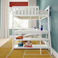 Modern white loft bed with built-in desk and ladder in a bright kids' bedroom with teal walls, yellow rug, toy car, books and desk lamp
