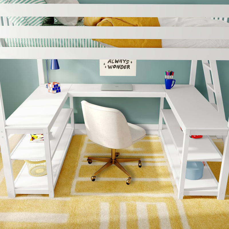 White loft bed with built-in desk workspace, green striped sheets and yellow throw, white swivel chair on yellow geometric rug, laptop, blue desk lamp, pencil cup and Rubik's cube