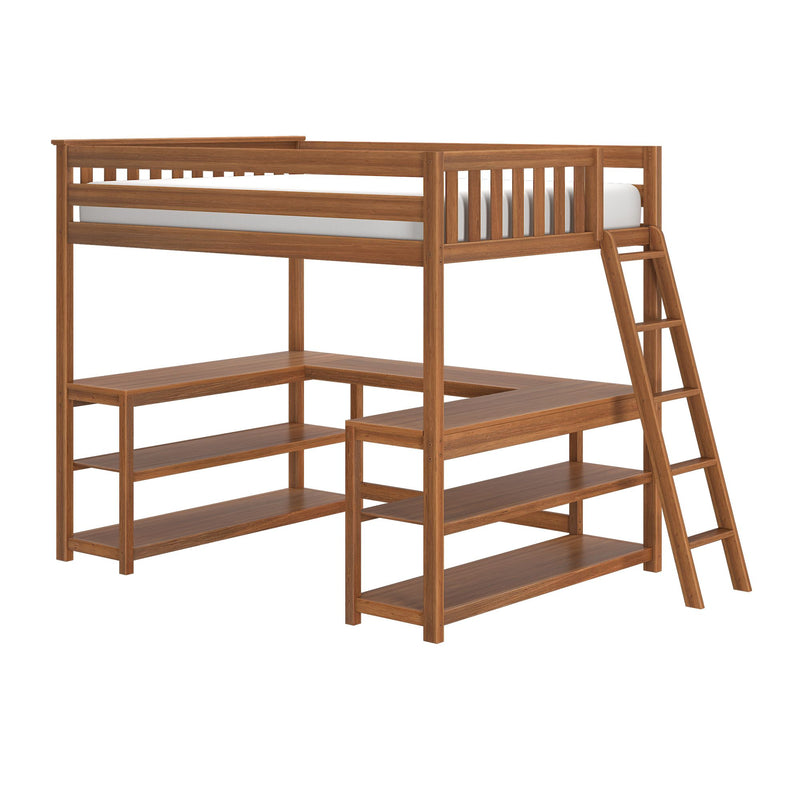 Natural oak loft bed with ladder and integrated open shelving, space-saving twin loft bunk bed frame for kids' bedroom