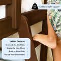 Close-up of wooden bunk bed ladder with grooved no‑slip steps and angled design, secure hook attachment and 200 lb weight capacity, bare foot climbing on step