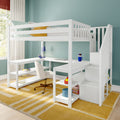 White wooden loft bed with built-in L-shaped desk, storage stairs, striped yellow rug and teal accent wall in modern kids' bedroom
