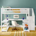 Loft bunk bed with built-in desk and storage in kids' bedroom, white frame, teal accent wall, striped pillows and yellow throw