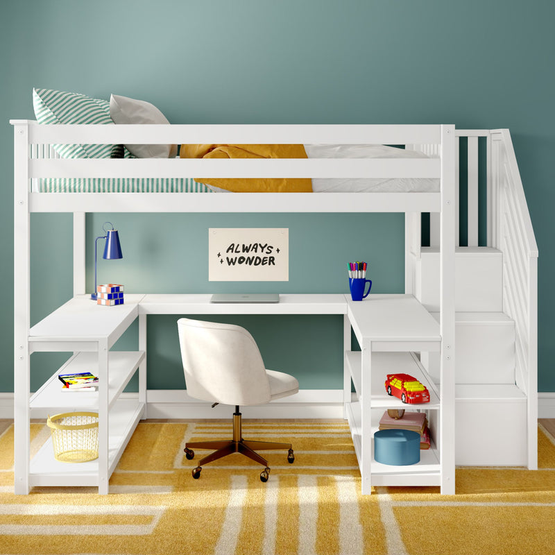 Loft bunk bed with built-in desk and storage in kids' bedroom, white frame, teal accent wall, striped pillows and yellow throw