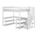 White wooden loft bed with built-in staircase and under-bed open shelving storage, modern kids' bunk bed frame