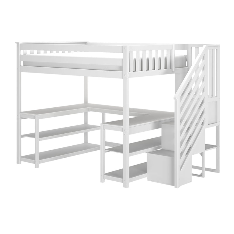 White wooden loft bed with built-in staircase and under-bed open shelving storage, modern kids' bunk bed frame