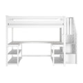 White wooden loft bed with built-in stairs, under-bed desk and open shelving, modern space-saving kids bedroom furniture