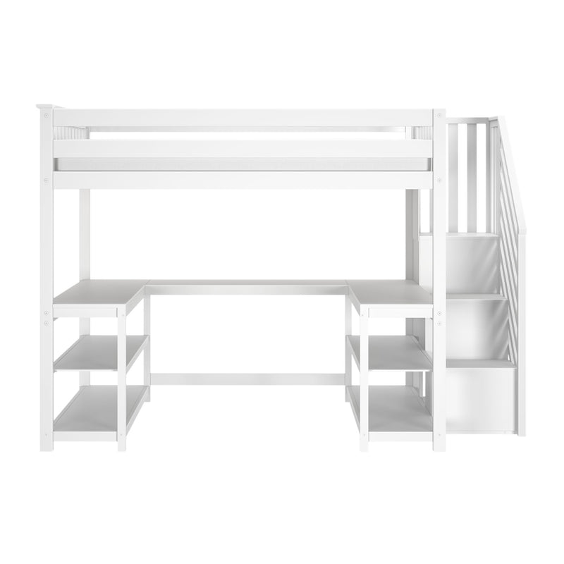White wooden loft bed with built-in stairs, under-bed desk and open shelving, modern space-saving kids bedroom furniture