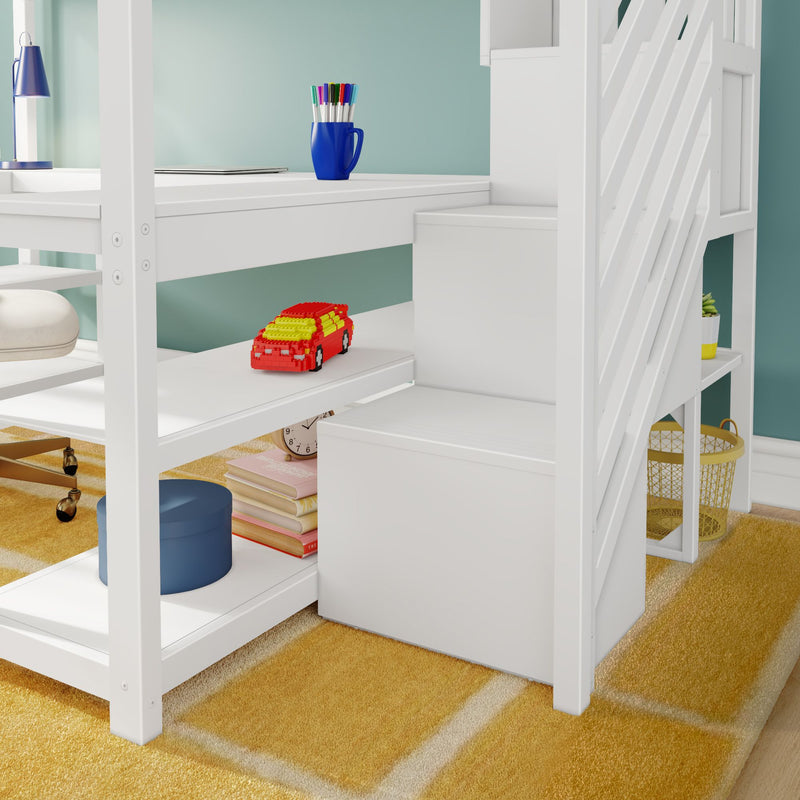 White loft bunk bed with built-in desk and shelves, blue mug of colorful pens, red toy car, stacked books and yellow rug in children's room
