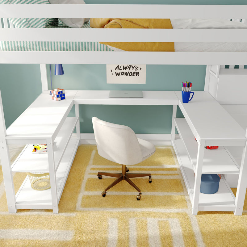 White loft bed with built-in desk and workspace, green striped bedding and yellow throw, laptop, Rubik’s Cube and blue pen cup against a mint-green wall