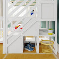 White loft bed with diagonal railings and built-in storage shelves with blue sneakers, yellow wire basket, succulent and toys in a bright kids' room