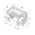 Wooden loft bunk bed technical diagram with built-in staircase, shelving and storage, annotated dimensions in inches and centimeters (100 in × 59 in × 70 in / 254 × 150 × 177 cm)