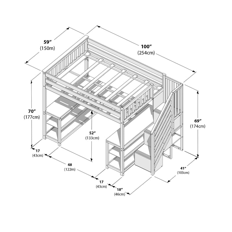 Technical assembly diagram of a wooden loft bed with built-in staircase, guardrails and under-desk shelving showing labeled dimensions in inches and centimeters for a 100" x 59" (254cm x 150cm) footprint, ideal space-saving kids loft bed with storage and study area