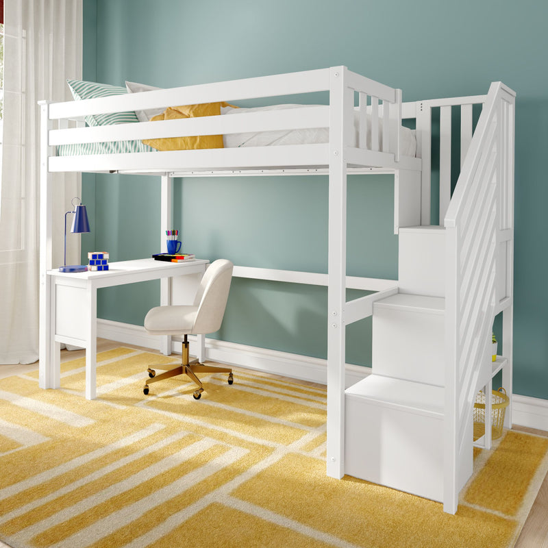 White loft bed with built-in desk and staircase storage in a kids' room with teal accent wall and yellow geometric rug