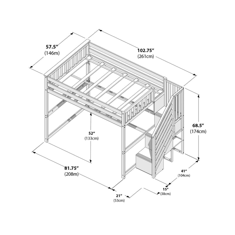 Isometric assembly diagram of a wooden loft bunk bed with guardrails, integrated staircase and under‑bed storage, annotated with detailed dimensions in inches and centimeters for assembly and space planning