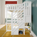 White wooden loft bunk bed with built-in stairs, under-bed storage and yellow rug in modern kids' bedroom