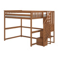 Twin solid wood loft bed with integrated staircase storage, slatted guardrails and natural wood finish — space-saving elevated bed for kids' bedroom