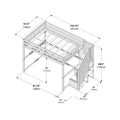Isometric assembly diagram of a wooden twin loft bed with built-in stairs, storage cubbies and safety guardrails showing key dimensions 102.75" (261 cm) length, 57.5" (146 cm) width and 68.5" (174 cm) height