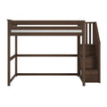 Dark walnut twin loft bed with integrated staircase storage, safety rails and open under-bed space