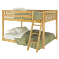 Natural wood bunk bed with ladder, green comforter and dinosaur-print kids' sheets — sturdy children's bunk bed for small bedrooms