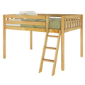 Light natural wood kids loft bed with ladder and guardrails, olive-green bedding and dinosaur-print pillow