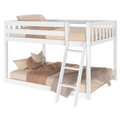 White wooden loft bunk bed for kids with ladder and safety rails, neutral beige gingham bedding, pillows and plush toy