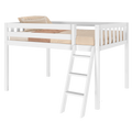 White wooden loft bed with ladder and safety rails, beige gingham sheets and pillows, space-saving kids' single/twin elevated bed for small bedrooms