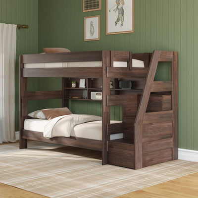 Dark wood bunk bed with built-in storage shelves and ladder against green vertical paneled wall in cozy kids' bedroom