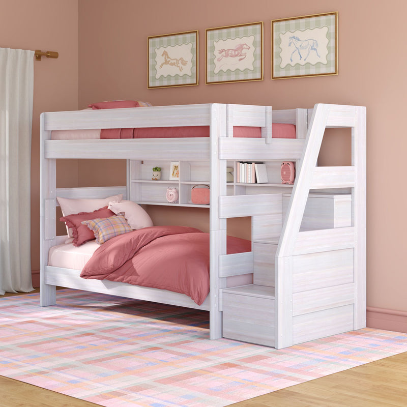 Modern Farmhouse Twin Over Twin Bunk Bed With Stairs & Bookcase