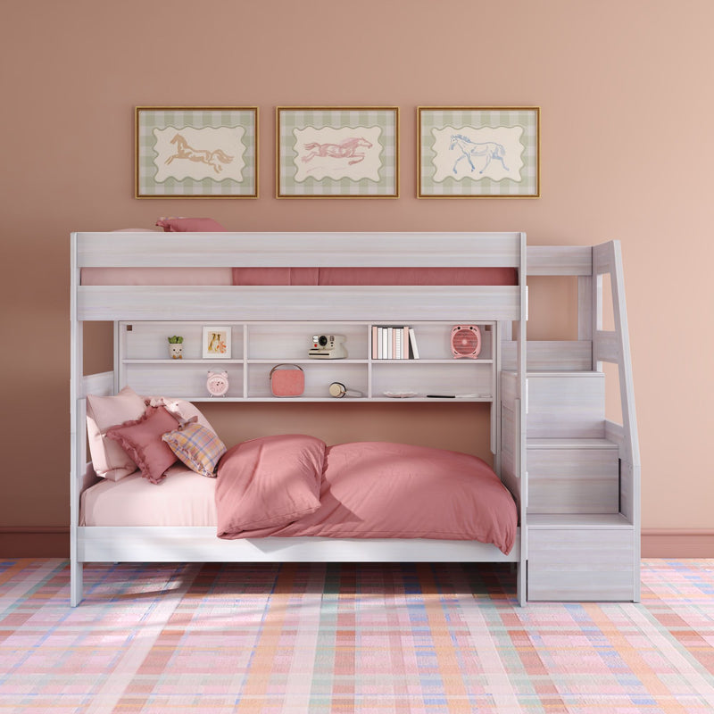 Modern Farmhouse Twin Over Twin Bunk Bed With Stairs & Bookcase