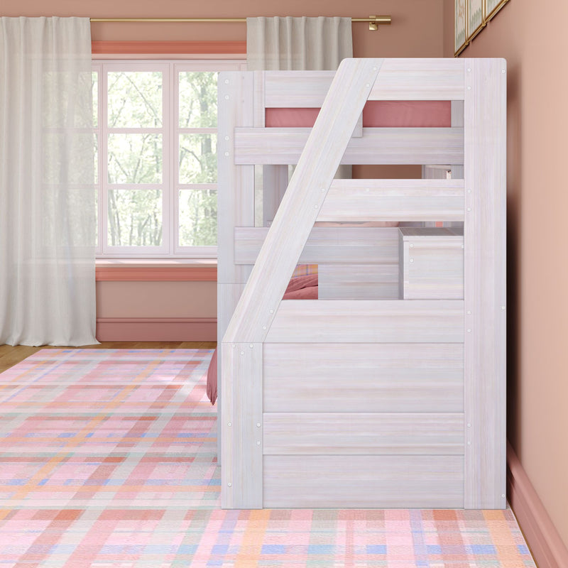 Modern Farmhouse Twin Over Twin Bunk Bed With Stairs & Bookcase