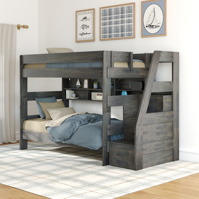 Modern Farmhouse Twin Over Twin Bunk Bed With Stairs & Bookcase